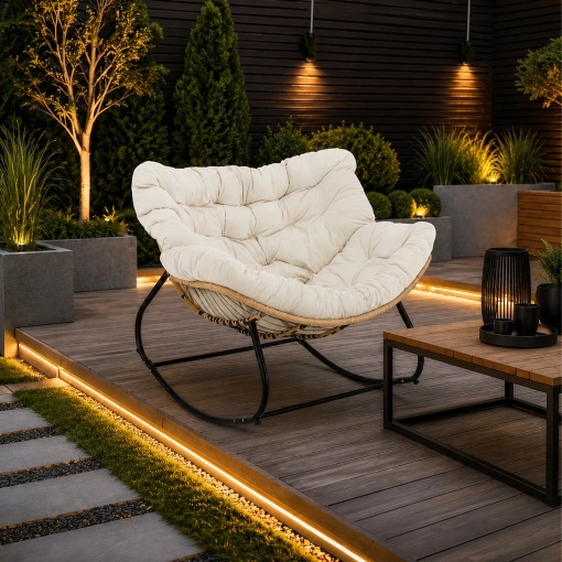 Balansoar de Gradina cu Perna Confortabila, Scaun Balansoar Tip Cuib pentru Relaxare, Terasa, Balcon, Living si Dormitor, Cadru Metalic Stabil, Technoratan Premium, Crem/Negru - Img 6