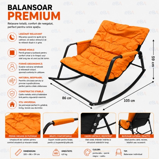 Balansoar Gradina Premium cu Perna Groasa Confortabila, Scaun Balansoar Relaxare pentru Terasa, Living si Balcon, Cadru Metalic Rezistent, Ergonomic, Portocaliu/Negru, 105 x 86 x 59 cm - Img 2