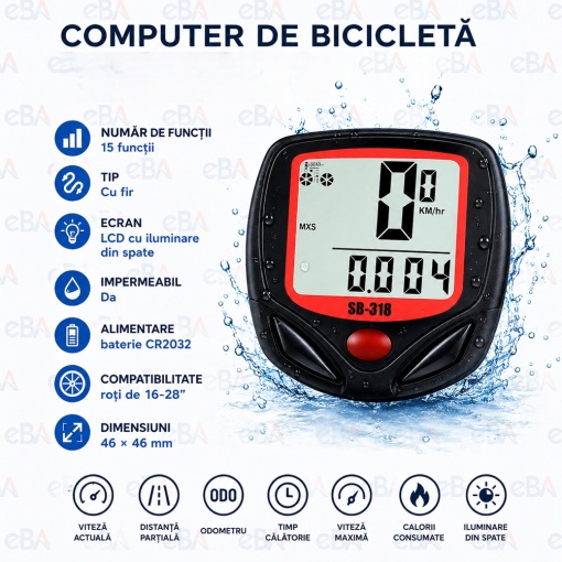 Computer Bicicleta cu Fir, 15 Functii, Vitezometru LCD Iluminat, Impermeabil, Odometru, Distanta si Timp, Compatibil 16–28 Inch - Img 2