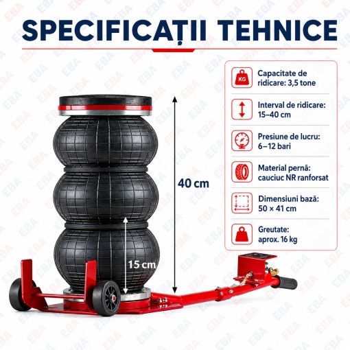 Cric pneumatic auto EBA 3,5 tone, tip Snowman cu 3 perne, ridicare 15-40 cm, 6-12 bari, pentru autoturisme, SUV-uri si autoutilitare - Img 3