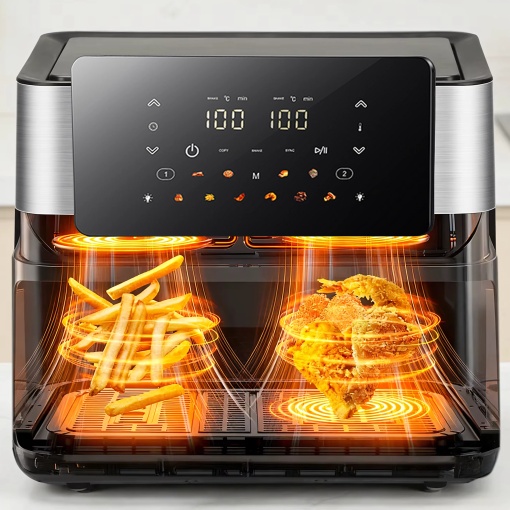 Friteuza cu Aer Cald Dual Zone 8L (2x4L), 2000W, 12 Programe Automate, Panou Tactil LCD, Ferestre Iluminate, Air Fryer Fara Ulei, Functie 6 in 1, Temperatura 80-200°C, Cosuri Antiaderente, Negru/Inox - Img 7