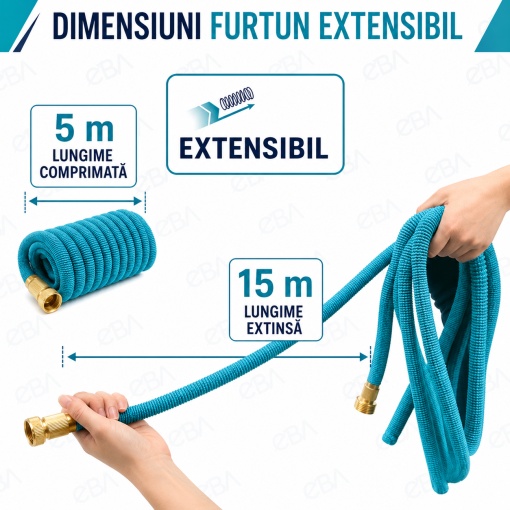 Furtun de gradina extensibil 5-15 m EBA, pistol de stropit cu 8 functii, conectori metalici, latex 3 straturi, anti-rasucire, albastru - Img 3