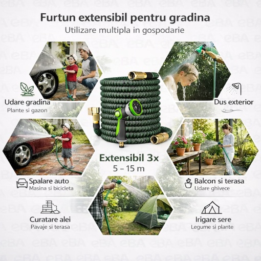 Furtun extensibil gradina EBA 5-15 m, pistol 10 functii, negru + verde, cu conectori alama - Img 2