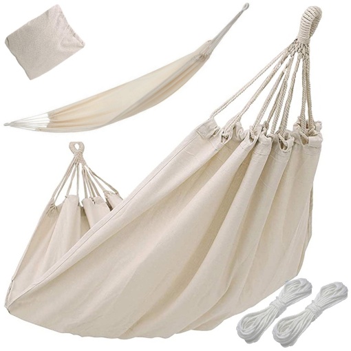 Hamac de exterior pentru o persoana EBA, Bumbac, Sarcina 200 kg, Portabil, Cu geanta de transport, 200 x 80 cm, Alb - Img 4