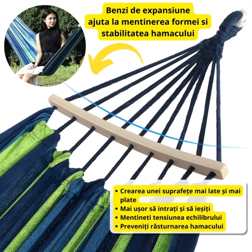 Hamac Dublu de Gardina 270 x 160 cm EBA, Bumbac dens impletit, Bare curbate solide de 40 cm, sustine pana la 200 kg - Img 2