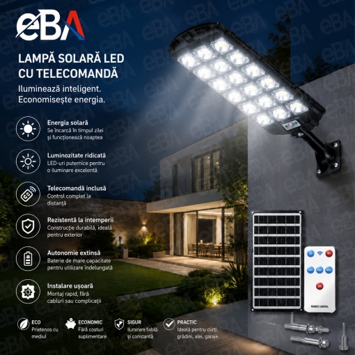 Lampa Solara LED 2000W 53 cm eBA® cu Panou Solar, 600 LED-uri, Telecomanda, Senzor Miscare si Crepuscul, IP65, Iluminat Stradal Exterior, 6500K, pentru Curte, Gradina, Strada, Parcare, Alb Rece - Img 4