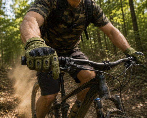 Manusi tactice moto si airsoft eBA XL, verde masliniu, protectii fibra carbon, touchscreen, antiderapante, pentru ATV, bicicleta MTB, enduro, vanatoare, drumetii si outdoor - Img 4