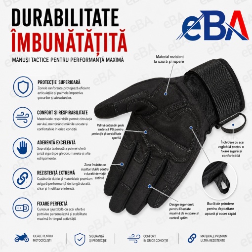 Manusi tactice moto si ATV eBA, marimea L, protectii fibra carbon, touchscreen, antiderapante, pentru motocicleta, bicicleta, enduro, airsoft si outdoor, negre - Img 3
