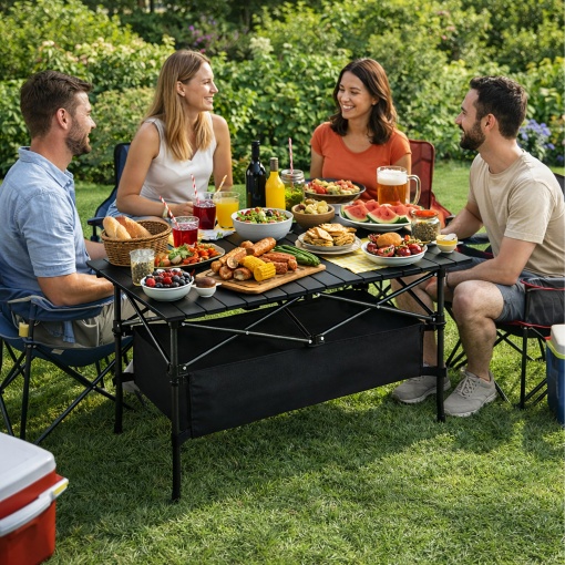 Masa Camping Pliabila Aluminiu Premium 95x55x50 cm, Portabila cu Geanta Transport, Rezistenta la Apa, Stabila si Usoara, pentru Pescuit, Picnic, Gradina, Plaja si Camping - Img 7