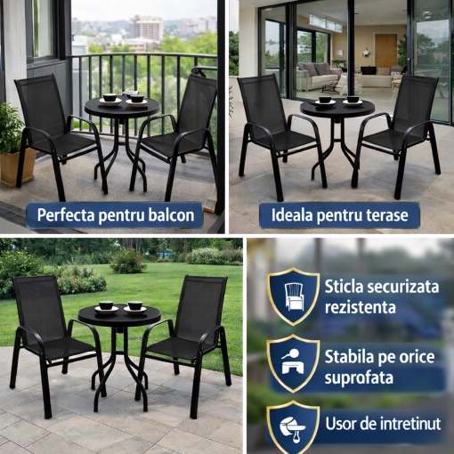 Masa rotunda 60 cm, blat sticla securizata negru, masa balcon si terasa, cadru otel rezistent, picioare antiderapante, masa exterior interior, negru - Img 5