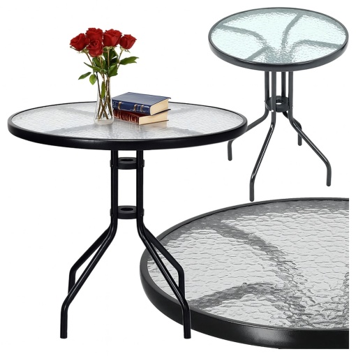 Masa rotunda de cafea EBA, 60 cm, sticla securizata, cadru metalic negru - Ideala pentru balcon, terasa si gradina - Img 3