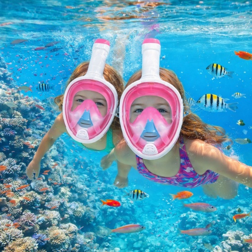 Masca snorkeling copii fata completa S/M, vizor panoramic 180°, sistem DryTop anti-inundare, anti-aburire, snorkel pliabil, pentru piscina si mare, roz alb - Img 4