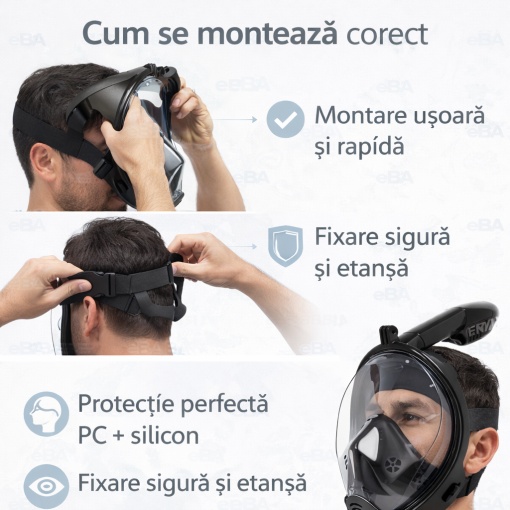 Masca snorkeling full face copii si adolescenti, vizor 180°, anti aburire, snorkel DryTop, respiratie nas si gura, masca scufundari snorkeling cu husa transport - Img 2