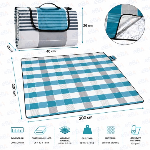 Patura picnic impermeabila 200x200 cm pliabila, 3 straturi izolatoare, fleece moale + aluminiu anti umezeala, pentru plaja, camping, gradina - Img 5