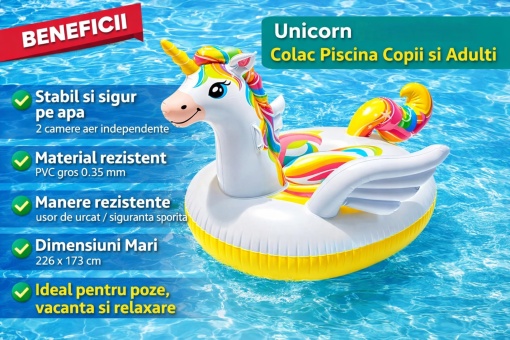 Saltea gonflabila Unicorn, 226x173 cm, 2 camere aer, manere rezistente, PVC gros 0.35 mm, colac piscina copii si adulti - Img 5