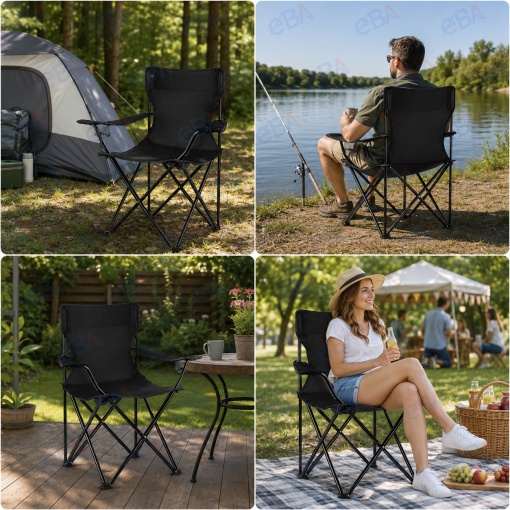 Scaun Pliabil pentru Camping, Pescuit si Plaja, Oxford 600D Impermeabil, Cadru din Otel, Suport Pahar, Cotiere Reglabile, Husa Transport, 44x44x80 cm, Negru - Img 4
