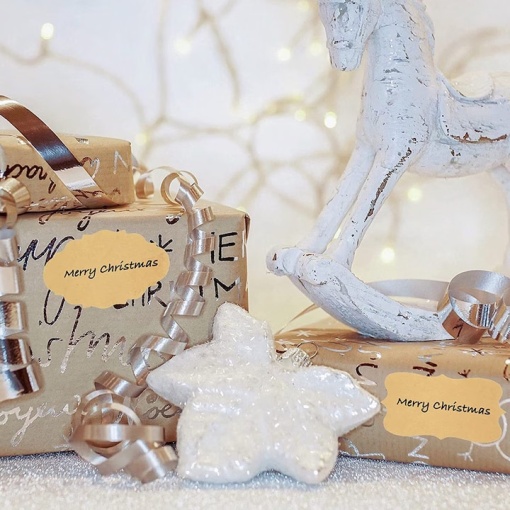 Set 300 de etichete autoadezive, trei modele, EBA, pentru cadouri, sticle, recipiente si borcane, 3 x 5 cm, Hartie kraft, Maro - Img 3