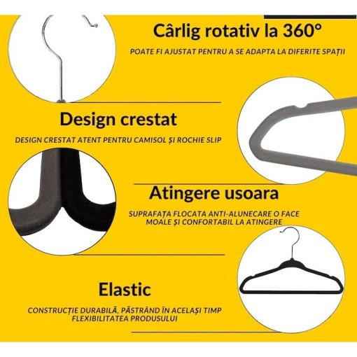 Set de 20 umerase de catifea EBA, gri, cu carlig rotativ 360 grade, cu 2 decupaje, forma rotunjita, 43 x 22 cm, rezistente - Img 3