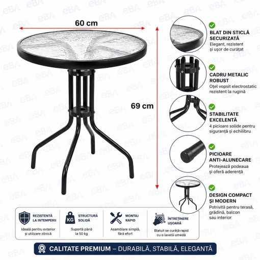 Set Mobilier Gradina si Balcon 2 Scaune + Masa cu Sticla Securizata, Cadru Otel Vopsit Electrostatic, Scaune Suprapozabile, Textilena Premium, Rezistent Exterior, Negru, Terasa Curte Cafenea - Img 2