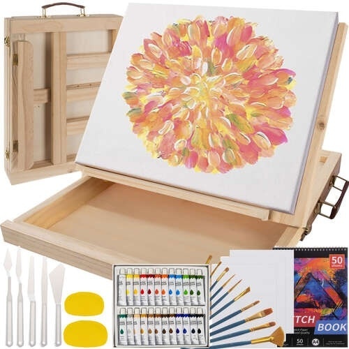 Set pictura EBA Painting Suitcase, 46 piese, Valiza lemn Tip Sevalet, 9 pensule, caiet schite, panza canvas, 24 acuarele, Maro - Img 3