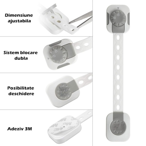 Siguranta usi copii EBA, blocator sertare, ajustabile pe lungime, adeziv 3M, cu sistem de inchidere dublu, set 6 bucati, alb - Img 2