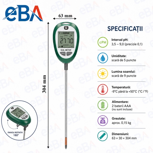 Tester Sol Digital 4 in 1 cu ecran LCD iluminat, Masurare pH Sol, Umiditate, Temperatura si Lumina, Sonda 304 mm, Rotire 180°, pentru Gradina, Ghivece, Rasaduri si Plante de Interior - Img 2