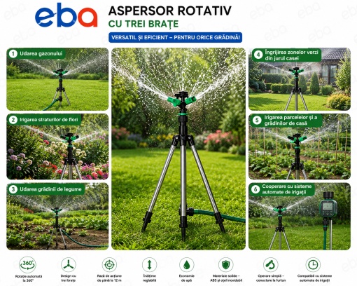 Aspersor Rotativ Gradina cu 3 Brate pe Trepied, 90 cm, Udare 360°, Raza pana la 12 m, Reglabil pe Inaltime, ABS + Otel Inoxidabil, Sistem Irigare pentru Gazon, Flori si Legume - Img 6