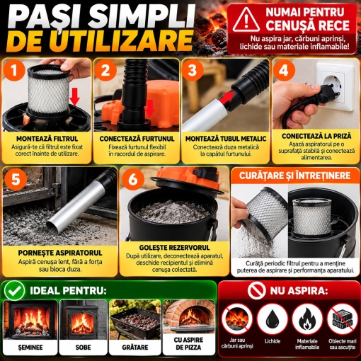 Aspirator de Cenusa 2000W, Rezervor Metalic 20L, Filtru HEPA, Aspirare Puternica ≥15.5 kPa, Duza Aluminiu, pentru Seminee si Sobe - Img 3