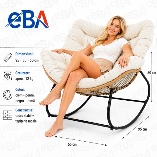 Balansoar de Gradina cu Perna Confortabila, Scaun Balansoar Tip Cuib pentru Relaxare, Terasa, Balcon, Living si Dormitor, Cadru Metalic Stabil, Technoratan Premium, Crem/Negru - Img 3