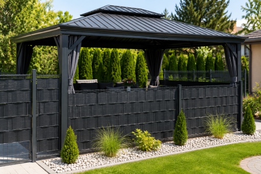 Bandă Gard PVC Premium 19 cm x 35 m, 450 g/m², Neagră, Protecție Intimitate, Rezistentă UV și Intemperii, pentru Garduri Panou, Balcoane și Terase, 20 Cleme Incluse - Img 6