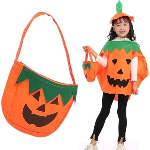 Costum de Halloween pentru Copii, EBA, Costum dovleac, palarie si sac de bomboane, Portocaliu - Img 3
