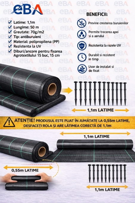 Folie Agrotextil antiburuieni rola 1.1m x 50 m, folie gradina neagra rezistenta UV, 70gmp, usor de montat, ideal pentru legume, flori si solarii+ set 15 ancore fixare 15 cm - Img 2