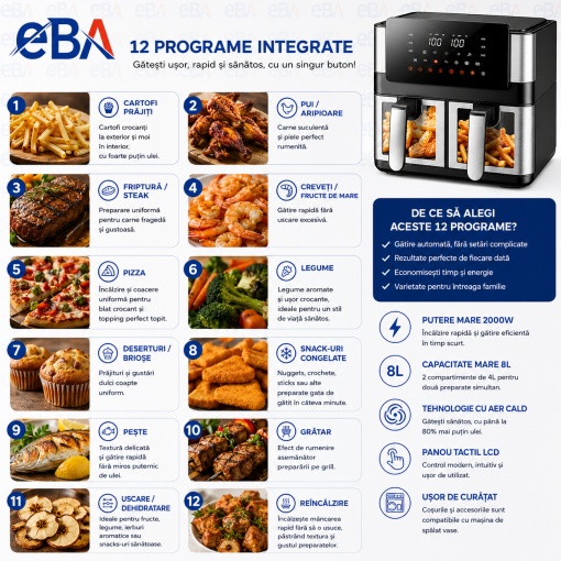 Friteuza cu Aer Cald Dual Zone 8L (2x4L), 2000W, 12 Programe Automate, Panou Tactil LCD, Ferestre Iluminate, Air Fryer Fara Ulei, Functie 6 in 1, Temperatura 80-200°C, Cosuri Antiaderente, Negru/Inox - Img 4