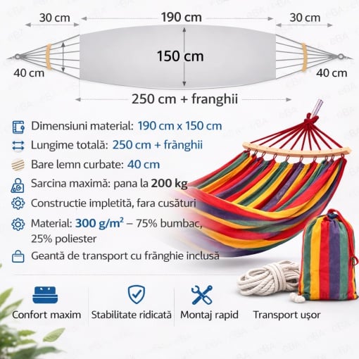Hamac De Gradina 2 Persoane, eBA®, XXL 250x150 Cm, 200 Kg, Bare Lemn, Material Rezistent, Cu Husa, Usor De Montat, Ideal Pentru Curte, Camping, Balcon, Interior Si Exterior, Multicolor - Img 7