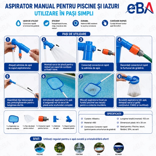 Kit Curatare Fund Piscina cu Aspirator Manual, Sac Filtrare Reutilizabil si Tija 120 cm, Aspirator pentru Piscine Gonflabile, Cadru, SPA si Jacuzzi, Conectare la Furtun de Gradina, Fara Electricitate - Img 2