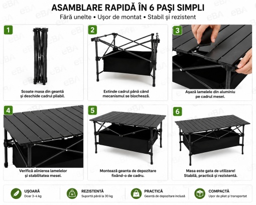 Masa Camping Pliabila Aluminiu Premium 95x55x50 cm, Portabila cu Geanta Transport, Rezistenta la Apa, Stabila si Usoara, pentru Pescuit, Picnic, Gradina, Plaja si Camping - Img 4
