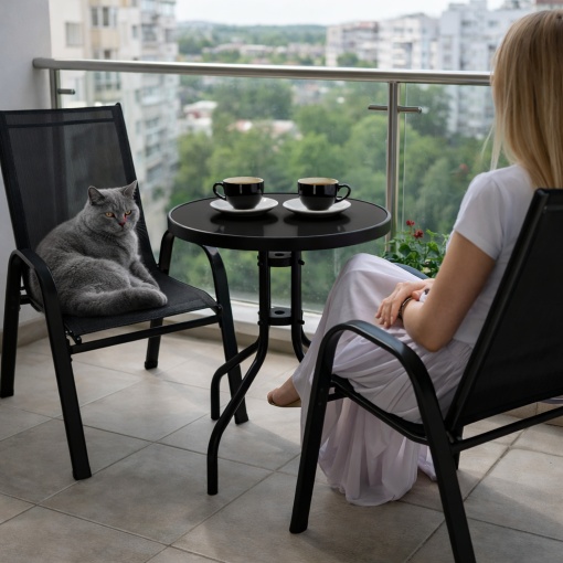 Masa rotunda 60 cm, blat sticla securizata negru, masa balcon si terasa, cadru otel rezistent, picioare antiderapante, masa exterior interior, negru - Img 2