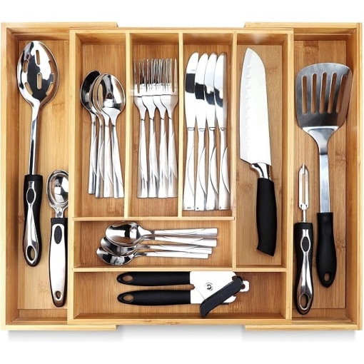 Organizator Premium din Bambus EBA, pentru Tacamuri si Ustensile pentru Bucatarie, 8 compartimente extensibile intre 33-55 cm - Img 3