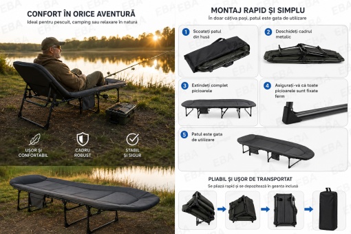 Pat Pliabil Camping si Pescuit 200x65 cm, Tetiera Confortabila, Saltea Captusita, Cadru Metalic 150 kg, Pat Portabil pentru Cort, Gradina si Relaxare - Img 3
