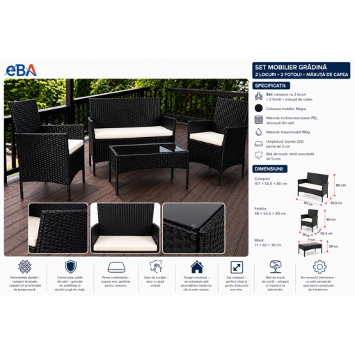 Set Mobilier Gradina Technoratan Premium, 4 Piese pentru Terasa Balcon si Gradina, Canapea + Fotolii + Masa cu Sticla Securizata, Perne Groase Impermeabile, Negru - Img 4