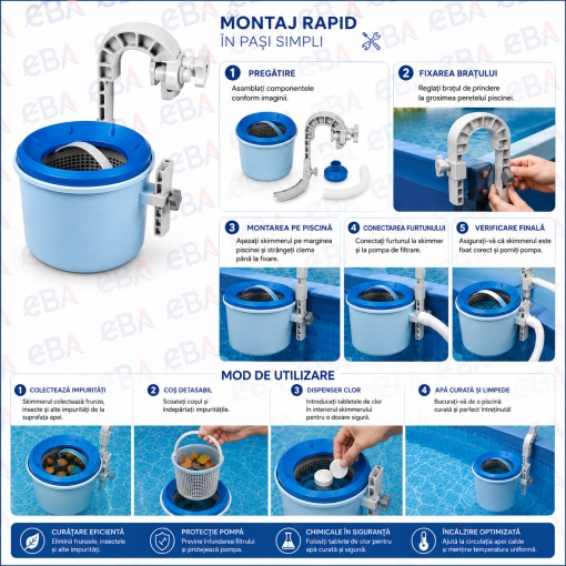 Skimmer Piscina Deluxe cu Dispenser Clor, Colector Frunze si Impuritati, Compatibil Piscine Frame si Gonflabile, Sistem Curatare Suprafata Apa - Img 3