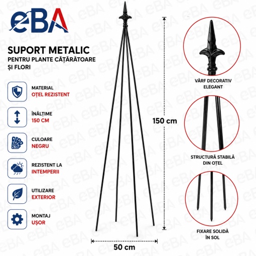 Suport Metalic Profesional pentru Plante si Flori Cataratoare, 150 cm, Otel Rezistent, Negru, Spalier Decorativ pentru Gradina, Trandafiri, Clematite, Iedera si Legume Cataratoare - Img 2