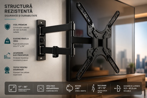 Suport TV Extensibil Profesional 17-56 Inch, Reglabil si Rotativ 180°, VESA 400x400, Otel Ranforsat, Suporta 30 Kg, Inclinare -15°/+5°, Brat Articulat pentru Samsung LG Sony Philips TCL - Img 3