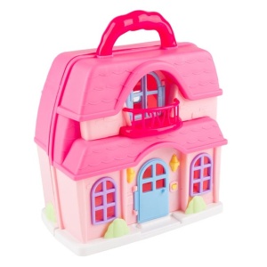 Casuta tip valiza mini cu muzica si lumini pentru papusi EBA, cu accesorii, dimensiuni 19 x 10 x 24 cm