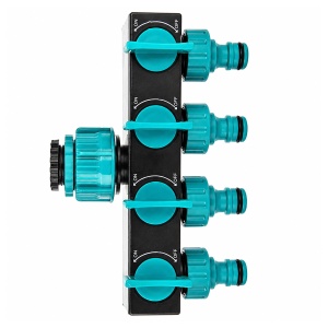 Distribuitor Robinet Gradina 4 Cai cu Supape Individuale ON/OFF, Distribuitor Furtun Apa 1” cu Adaptoare 3/4” si 1/2”, PVC Rezistent pentru Irigatii, Aspersoare si Sisteme de Udare