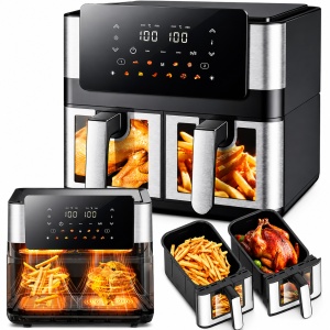 Friteuza cu Aer Cald Dual Zone 8L (2x4L), 2000W, 12 Programe Automate, Panou Tactil LCD, Ferestre Iluminate, Air Fryer Fara Ulei, Functie 6 in 1, Temperatura 80-200°C, Cosuri Antiaderente, Negru/Inox