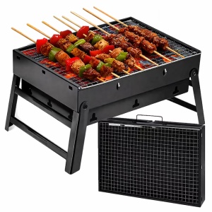 Gratar portabil pliabil pe carbune, compact, tip valiza, ideal camping si picnic, metal rezistent 0.5 mm, stabil, usor de transportat, negru 35x27x20 cm