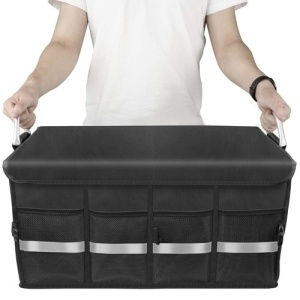Organizator portbagaj auto EBA, pliabil, 3 compartimente, capacitate 50L, banda reflectorizanta, 59 x 30 x 35 cm, Negru mat