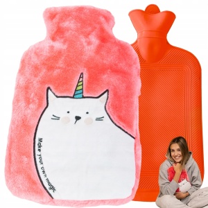Perna pentru apa calda EBA, capacitate 2 l, din cauciuc, cu husa pufoasa, model unicorn, Roz