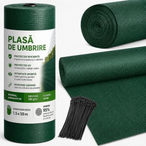 Plasa de Umbrire Profesionala 1,5x50m, 95% Grad de Umbrire, HDPE 180g/mp, Protectie UV, Plasa pentru Gard, Curte, Balcon, Terasa, Pergola, Sera si Schela, Verde